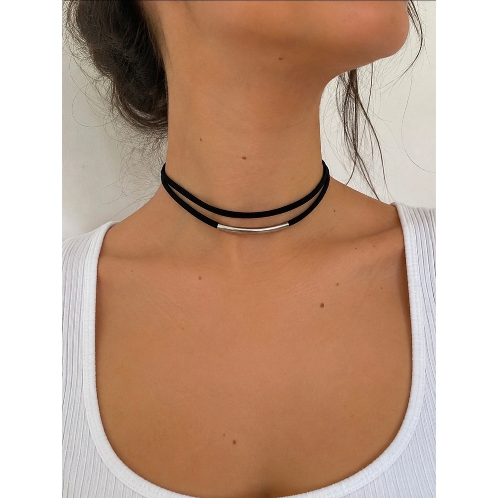 Black Faux Suede Double Strand Choker Necklace Silver Curved Bar Pendant